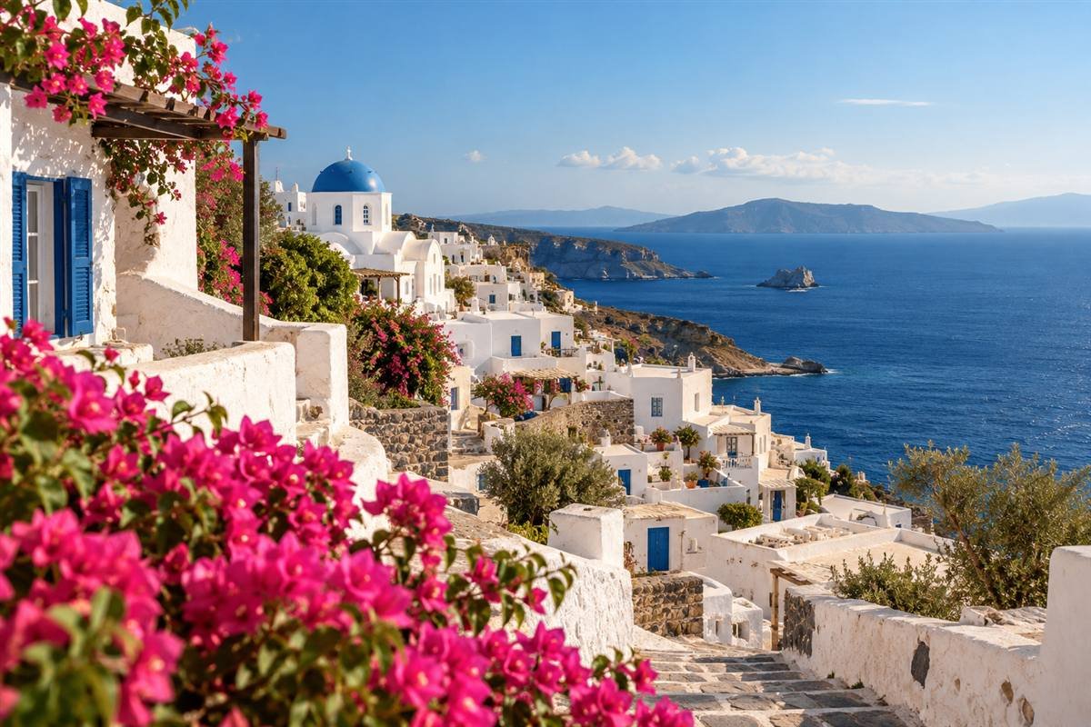 Whitewashed Greek island village above the deep blue Aegean