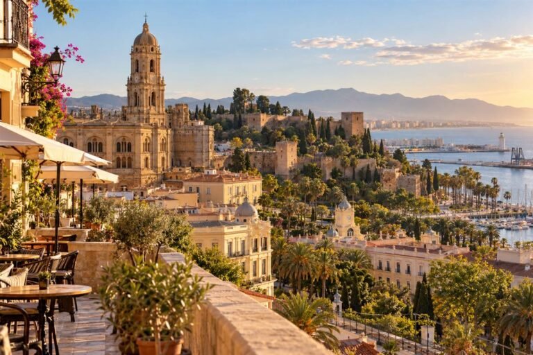 Málaga's historic centre, Alcazaba and harbour in warm evening light
