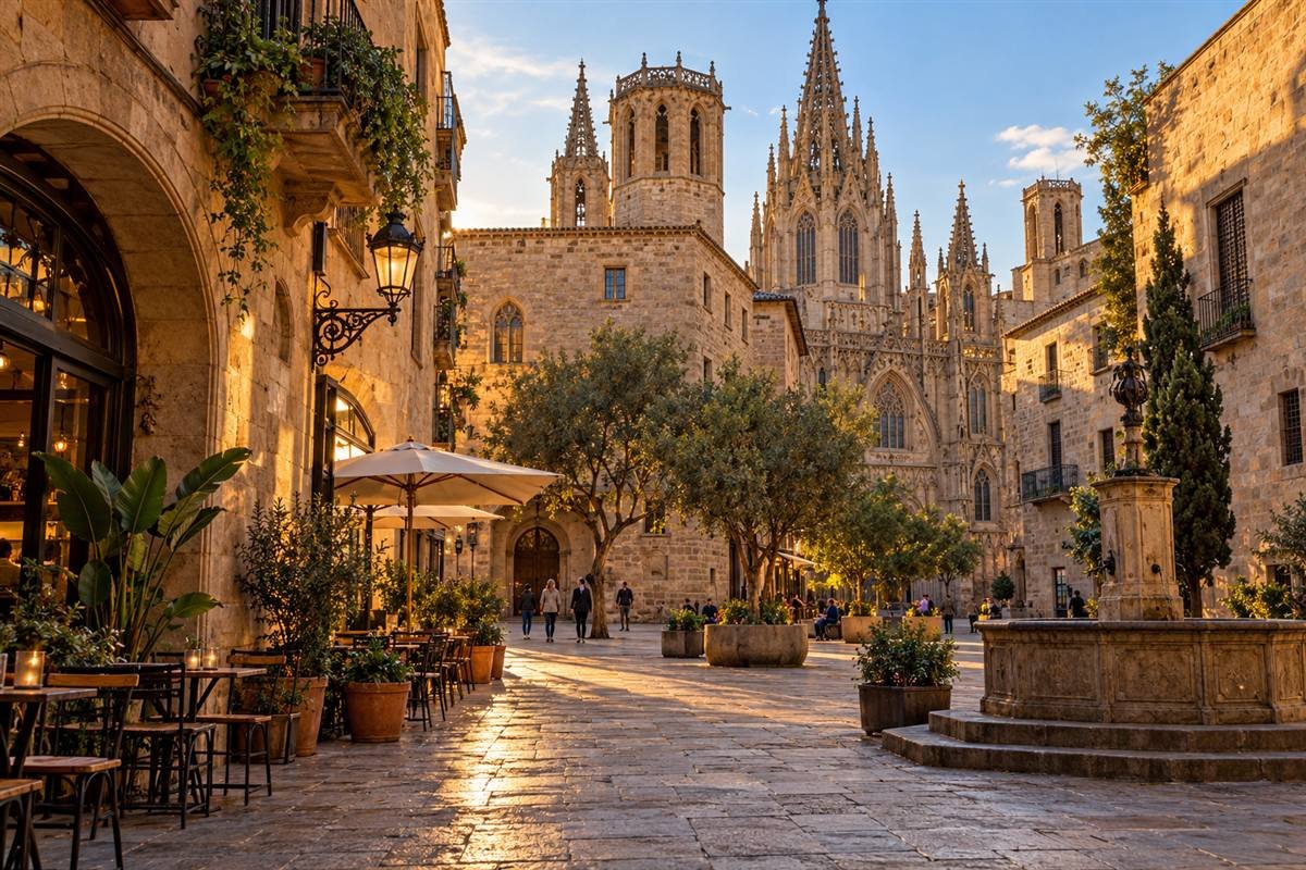 Barcelona rooftops and the Sagrada Família at golden hour